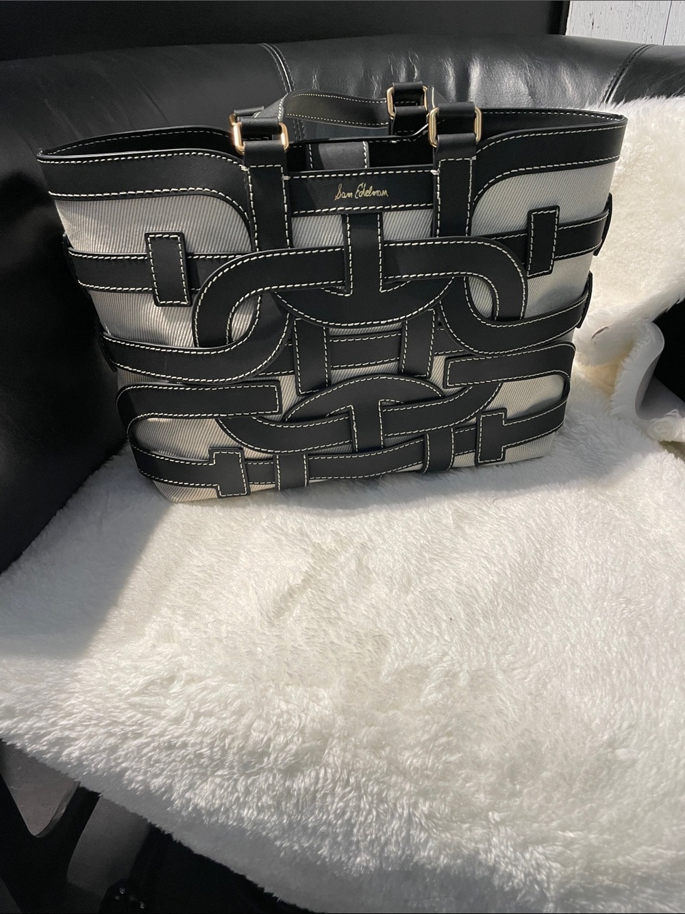 Sam Edelman Black & Cream Woven-Trim Tote